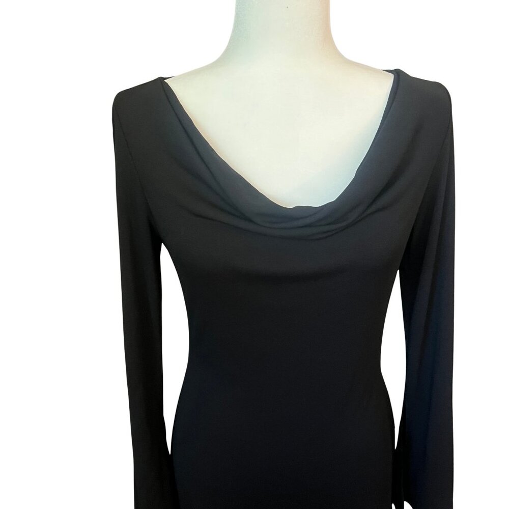 BCBGMAXAZRIA Vintage 90s Black Cowl Neck Long Sleeve Stretch Midi Dress‎ Medium - Picture 2 of 7